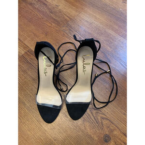 Lulus high heel 5.5 Black Suede with clear Front Band Tie around leg Like New